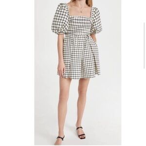 self portrait Black and White Monochrome Checkered Smocked Puff Mini Dress